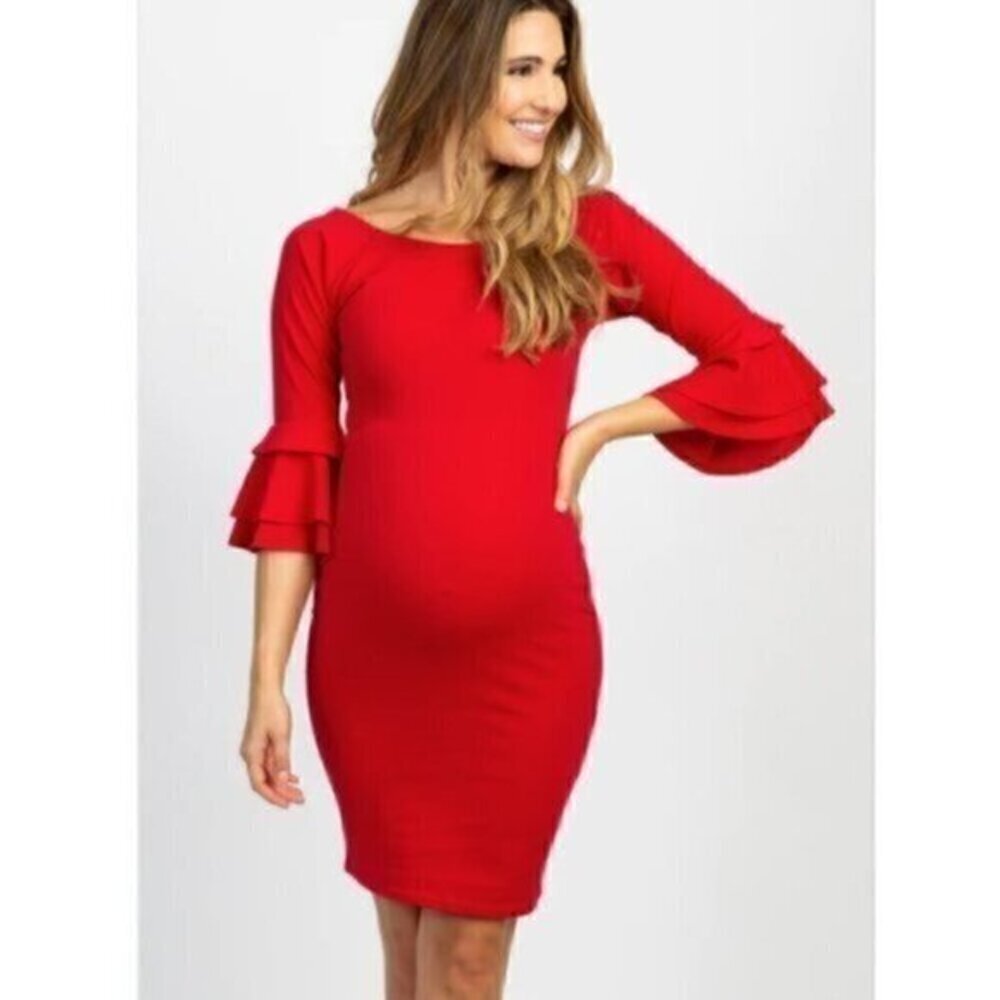 PinkBlush Red Layered Ruffle Sleeve Maternity Fitted Dress​​​ - Picture 12 of 13